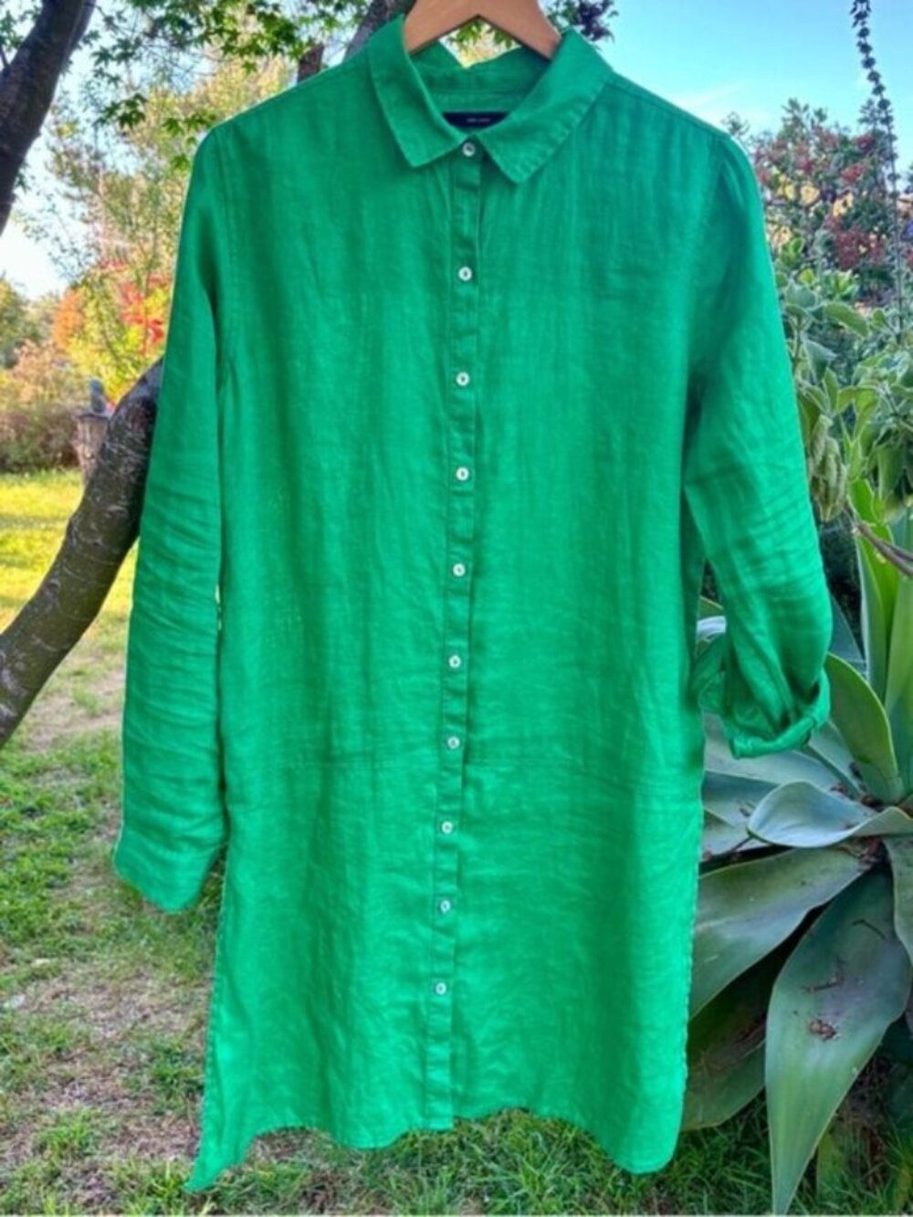 Tahari (M) Kelly Green 100% Linen Mini Shirt Dress or Beach Coverup